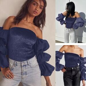 FREE PEOPLE Girls Just Wanna Smocked Velvet Puff Sleeve Bodysuit XS Blue Purple